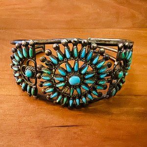 Zuni Petit Point Cluster Sterling Silver and Turquiose Cuff Bracelet 1940's
